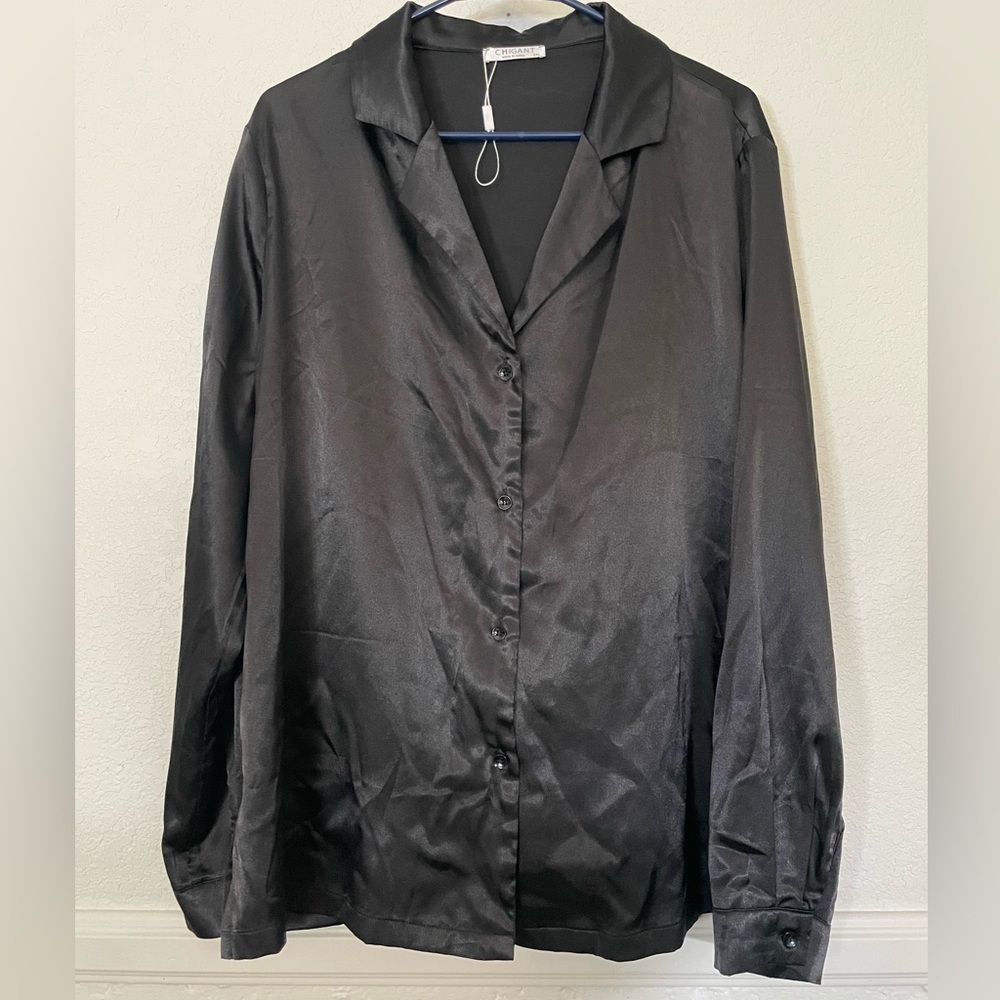 Black Silk-Look Button Shirt